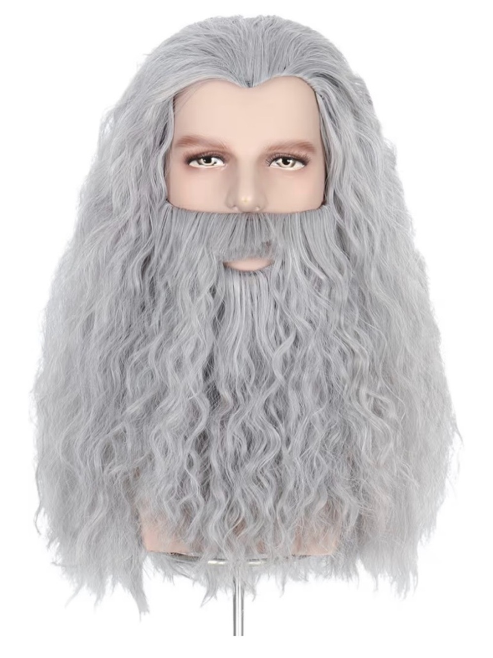 Grey Long Curly Wig with Matching Beard